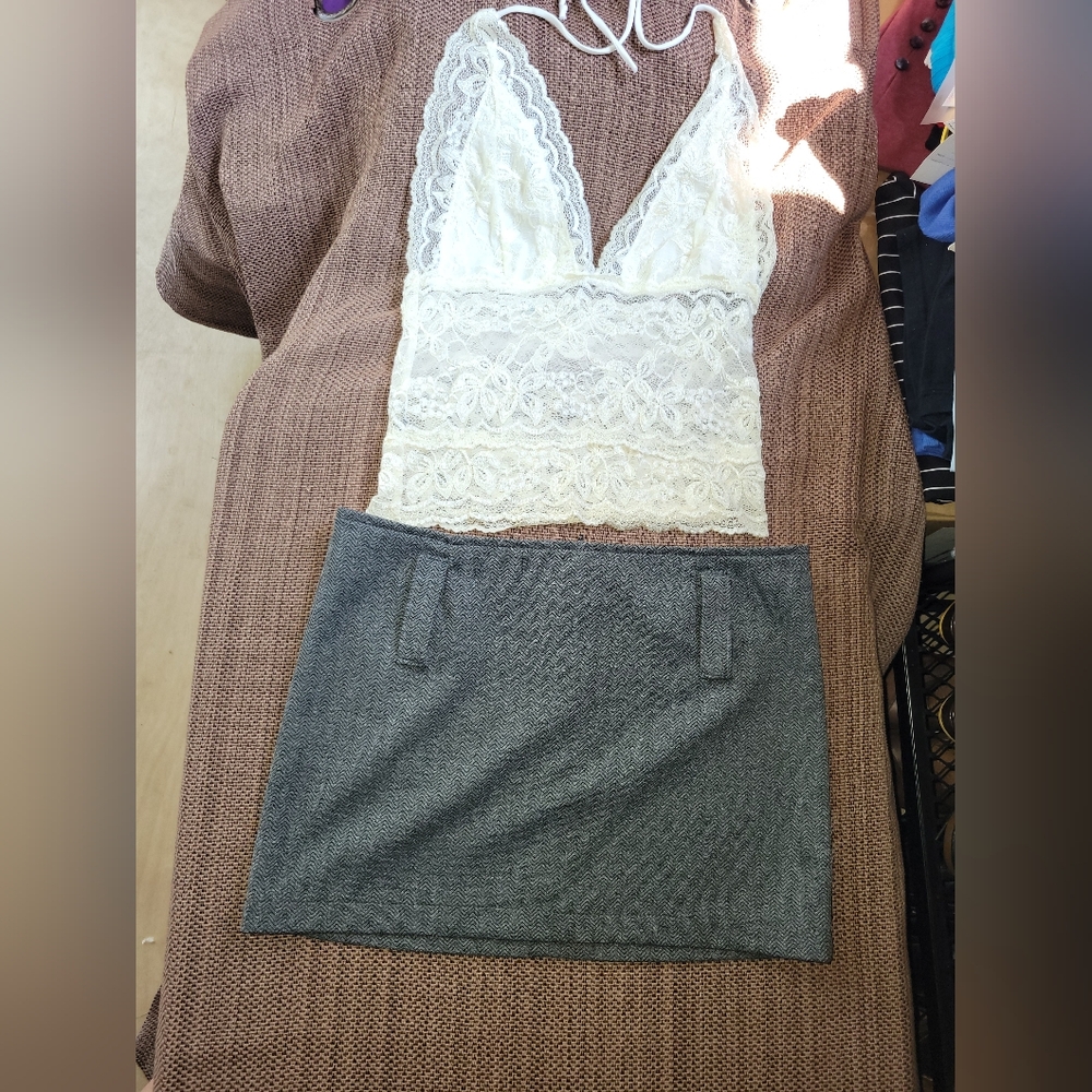White Lace Top and Gray Skirt Set